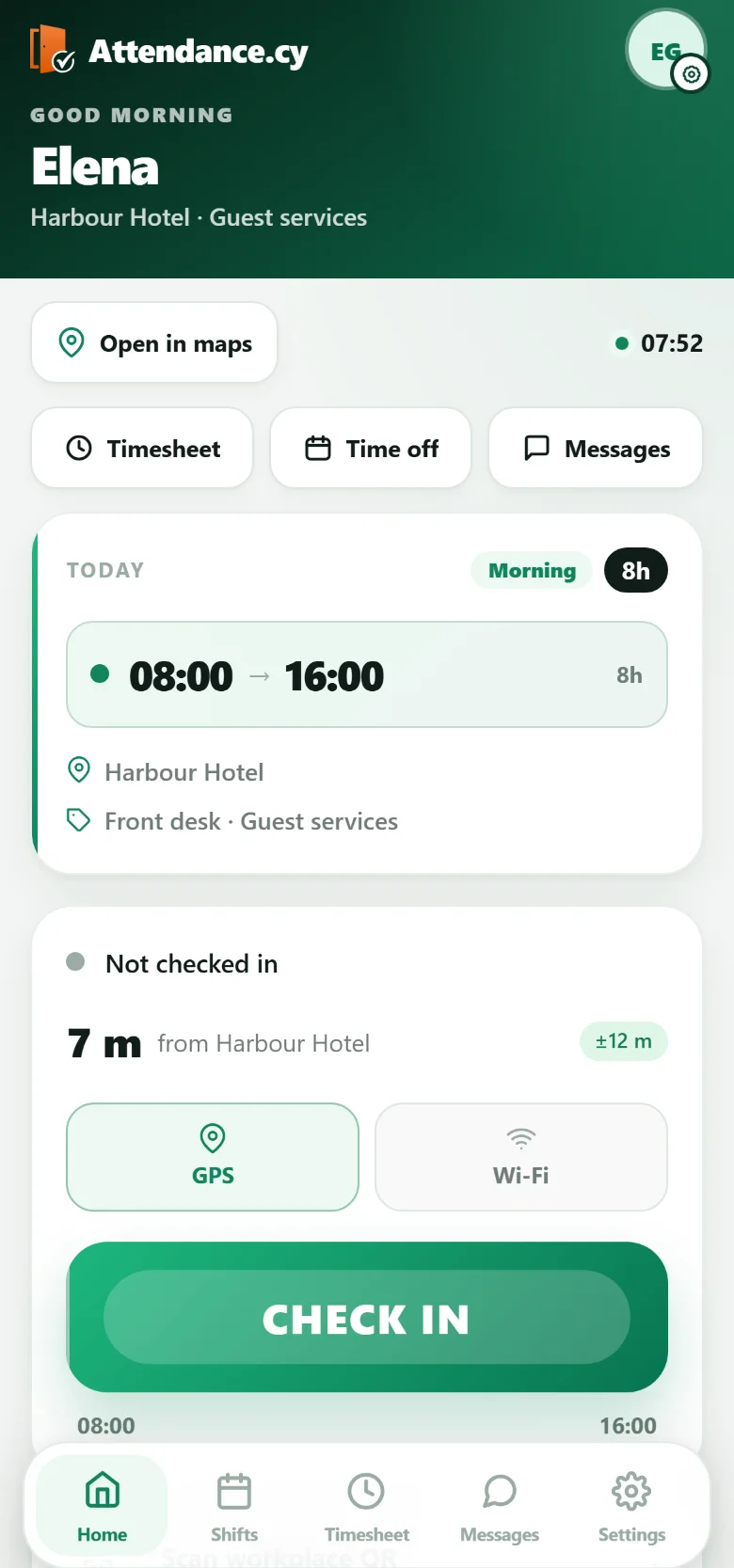 The Attendance.cy phone app's check-in screen: today's shift at the site, the distance to it and the Check in button.