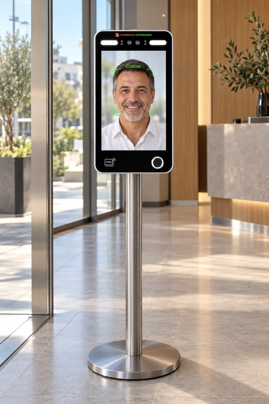 LEM Ai10 on a floor stand at an office lobby entrance in Nicosia