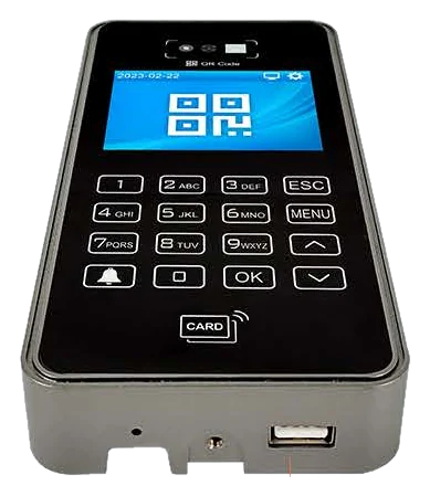 Q8 terminal tilted to show its base and USB port