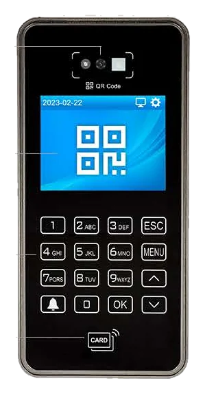 Q8 terminal, front view, showing the 2.8-inch screen and touch keypad